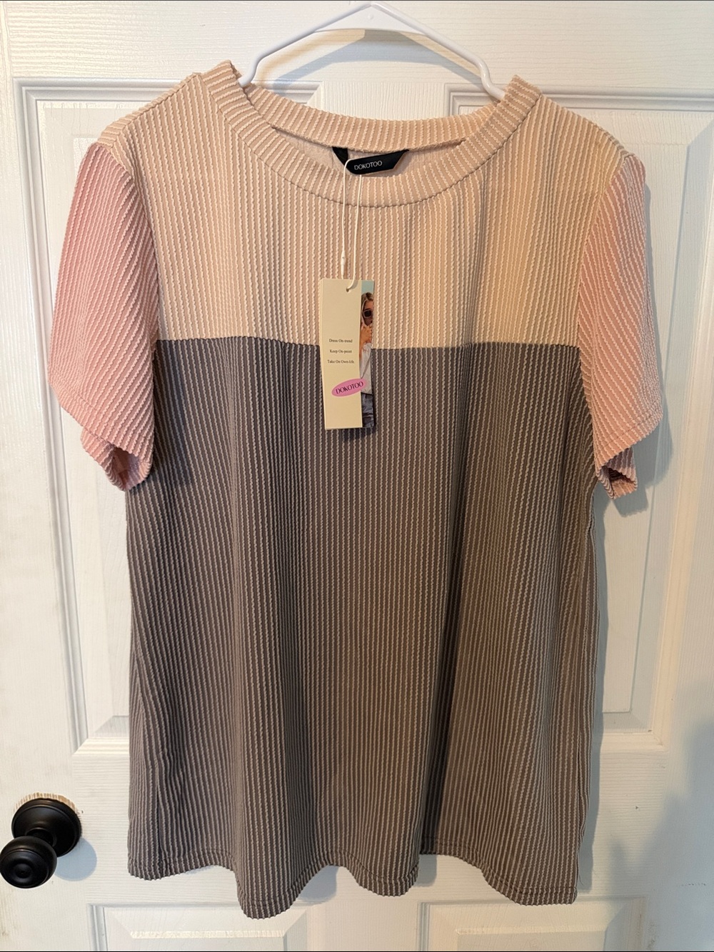 Colorblock Short Sleeve Knit Top - Pink, Cream & Taupe
